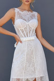 White A Line Corset Lace Midi Wedding Dress with Cape