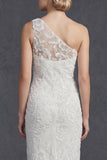 White One Shoulder Sheath Long Wedding Dress with Appliques