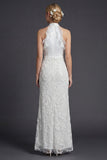 Halter White Sheath Ruffled Long Wedding Dress