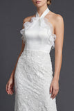 Halter White Sheath Ruffled Long Wedding Dress