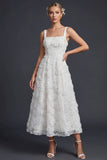 White A Line Square Neck Long Wedding Dress with 3D Flowers