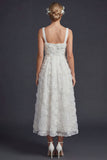 White A Line Square Neck Long Wedding Dress with 3D Flowers