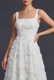 White A Line Square Neck Long Wedding Dress with 3D Flowers