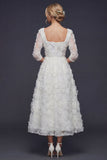 White A Line 3/4 Sleeves Long Wedding Dress with 3D Flowers