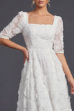 White A Line 3/4 Sleeves Long Wedding Dress with 3D Flowers