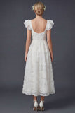 White 3D Flowers A Line Square Neck Long Wedding Dress with Flutter Sleeves