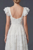White 3D Flowers A Line Square Neck Long Wedding Dress with Flutter Sleeves