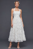 Halter A Line White 3D Flowers Long Wedding Dress