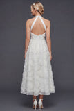 Halter A Line White 3D Flowers Long Wedding Dress
