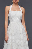 Halter A Line White 3D Flowers Long Wedding Dress