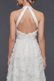 Halter A Line White 3D Flowers Long Wedding Dress