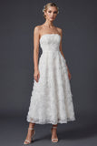 Strapless A Line White Long Wedding Dress with 3D Flowers