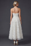 Strapless A Line White Long Wedding Dress with 3D Flowers
