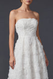 Strapless A Line White Long Wedding Dress with 3D Flowers