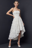 White Strapless High-Low A Line Wedding Dress with 3D Flowers
