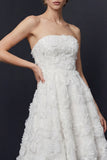 White Strapless High-Low A Line Wedding Dress with 3D Flowers