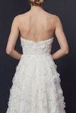 White Strapless High-Low A Line Wedding Dress with 3D Flowers