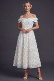 White A Line Off The Shoulder Long Wedding Dress with 3D Flowers