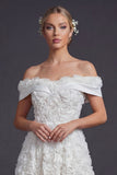 White A Line Off The Shoulder Long Wedding Dress with 3D Flowers