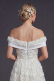 White A Line Off The Shoulder Long Wedding Dress with 3D Flowers