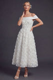 Off The Shoulder White 3D Flowers A Line Long Wedding Dress