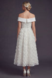 Off The Shoulder White 3D Flowers A Line Long Wedding Dress