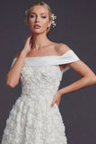 Off The Shoulder White 3D Flowers A Line Long Wedding Dress