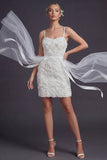 White Bodycon 3D Flowers Spaghetti Straps Short Wedding Dress with Streamer