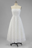 Strapless White A Line Long Wedding Dress with 3D Flowers