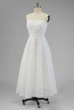 Strapless White A Line Long Wedding Dress with 3D Flowers