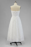Strapless White A Line Long Wedding Dress with 3D Flowers