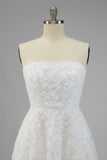 Strapless White A Line Long Wedding Dress with 3D Flowers