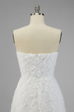 Strapless White A Line Long Wedding Dress with 3D Flowers