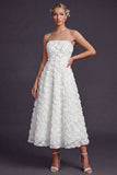 Strapless White A Line Long Wedding Dress with 3D Flowers
