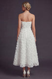 Strapless White A Line Long Wedding Dress with 3D Flowers
