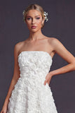Strapless White A Line Long Wedding Dress with 3D Flowers