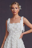 White Bow Straps A Line Short Wedding Dress with 3D Flowers