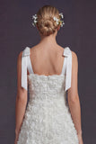 White Bow Straps A Line Short Wedding Dress with 3D Flowers