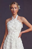 White A Line Halter 3D Flowers Long Wedding Dress