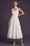 White Halter Cut Out A Line Long Wedding Dress with 3D Flowers