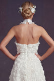 White Halter Cut Out A Line Long Wedding Dress with 3D Flowers