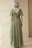 Dusty Sage A Line Ruched Mother of the Bride Dress with Short Sleeves