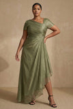 Dusty Sage Short Sleeves Ruched A Line Plus Size Mother Of The Bride Dress