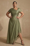 Dusty Sage Short Sleeves Ruched A Line Plus Size Mother Of The Bride Dress