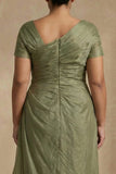 Dusty Sage Short Sleeves Ruched A Line Plus Size Mother Of The Bride Dress