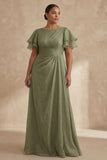A Line Dusty Sage Boat Neck Plus Size Mother Of The Bride Dress with Ruffle Sleeves