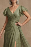Dusty Sage A Line Flutter Sleeves Ruched Mother of the Bride Dress with Slit