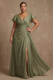 Dusty Sage Plus Size A Line Flutter Sleeves Ruched Mother Of The Bride Dress with Slit
