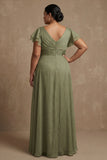 Dusty Sage Plus Size A Line Flutter Sleeves Ruched Mother Of The Bride Dress with Slit