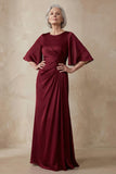 Red Satin Sheath Round Neck Mother of the Bride Dress with Half Sleeves